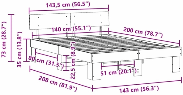vidaXL Bettrahmen mit Kopfteil Weiß 140 x 200 cm Massives Kiefernholz 872567 Bild 9