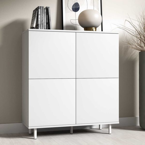 Kommode Masimo 100 cm, Aufbewahrungsschrank, Kommode mit 4 Türen, Weiß, Push-to-Open, modernes Design, 112cm x 40 x 40 cm
