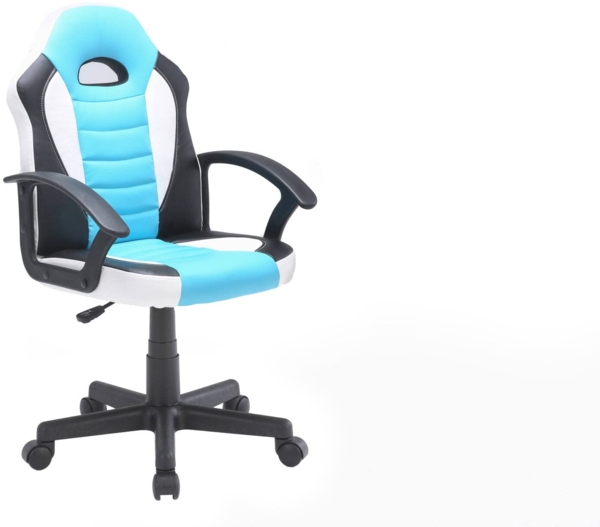 Dmora Sedia Con ruote Hervey, Poltrona da Gaming Ragazzo, Sedia da scrivania, 56x55h89/100 cm, Azzurro e Bianco