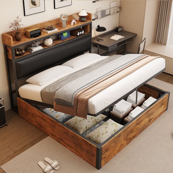Flieks Holzbett, Hydraulisches Stauraumbett Metallbett Doppelbett 180x200cm USB-Laden