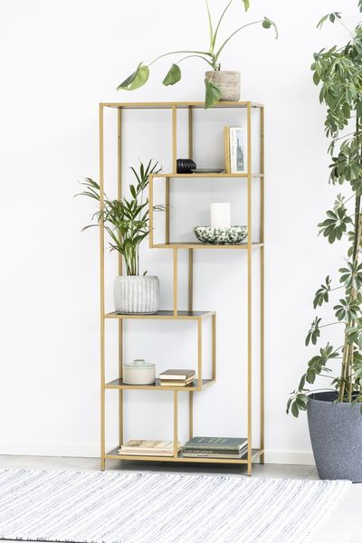 Standregal >Seaford< in schwarz, gold, MDF, Stahl - 77x185x35cm (BxHxT)