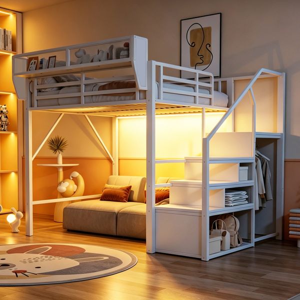 Hochbett 140x200 mit LED-Lichtleiste, Sicherheitsleiter und flexiblem Stauraum Metallbett Erwachsenenbett Kinder-Etagenbett Weiß