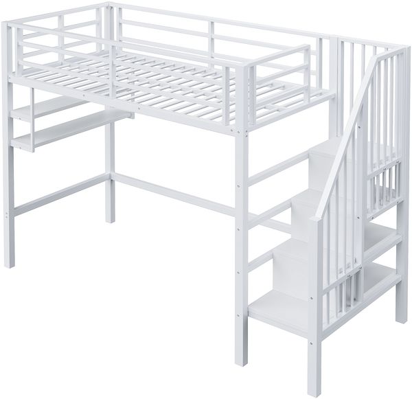 Hochbett 90x200 cm aus Metall und MDF mit Stauraumleiter, Regalfächern, Rausfallschutz und offenem Spielbereich Bild 6