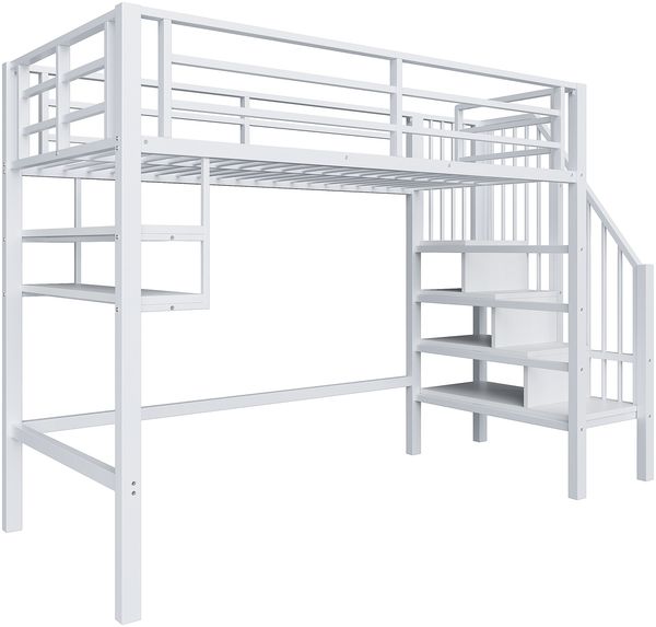 Hochbett 90x200 cm aus Metall und MDF mit Stauraumleiter, Regalfächern, Rausfallschutz und offenem Spielbereich Bild 8