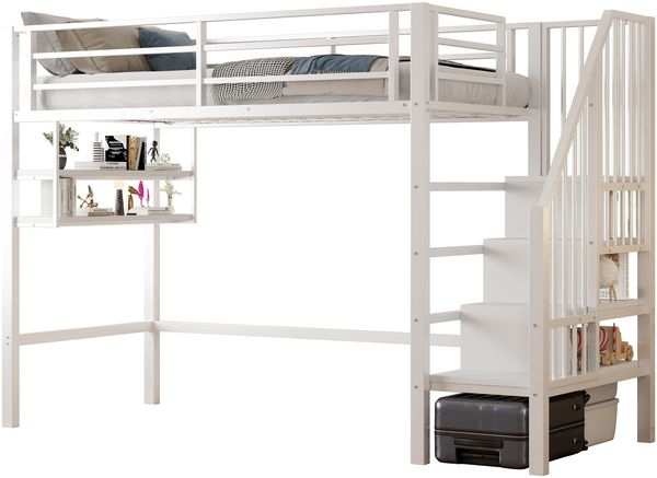Hochbett 90x200 cm aus Metall und MDF mit Stauraumleiter, Regalfächern, Rausfallschutz und offenem Spielbereich Bild 7