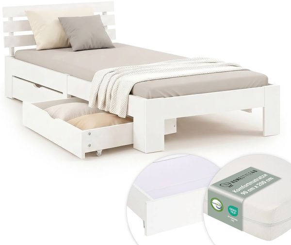 Holzbett Einzelbett 90x200 cm mit Matratze & 2 Bettkästen Bett Weiß Holzbettrahmen Massiv Holz Lattenrost