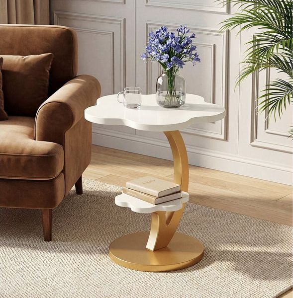 Tribesigns Beistelltisch 2-stöckiger Couchtisch, Sofatisch, Luxus-Akzenttisch (Blumen-Nachttisch mit C-förmigem Goldgestell, für kleine Wohnzimmer)
