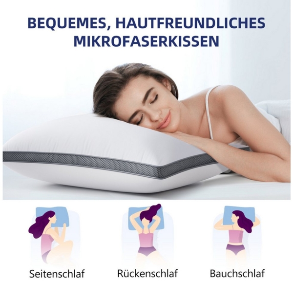 Wellos Kopfkissen Kissen 80x80 oder 40x80, Mikrofaser Kopfkissen, Füllung: 100% Polyester, Rückenschläfer, Seitenschläfer, Bauchschläfer, Set, 2-tlg, belüftetes Netzwerk Bild 2