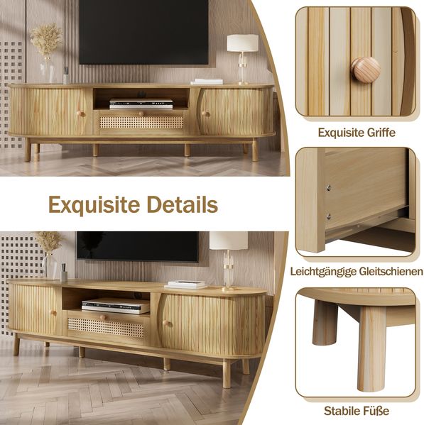 TV-Schrank, MDF mit Rattan-Schubladen & Schiebetüren, 165x37x46 cm, Natur Bild 7