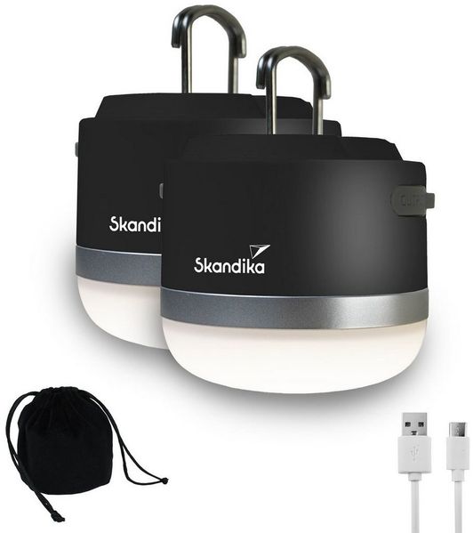 Skandika LED Gartenleuchte 2er-Set Campinglampe Tarfala, USB Anschluss, 3600 mAh Powerbank, stufenlos dimmbar, 110 h Akku, Zeltlampe, Haken zum Aufhängen, Outdoor
