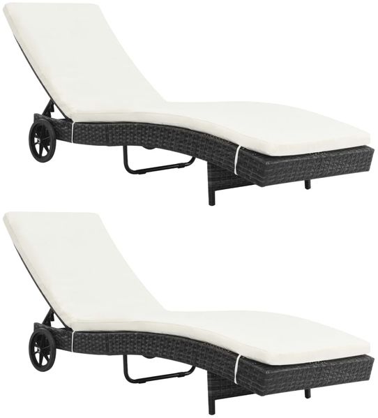 vidaXL Sonnenliegen 2 Stk. mit Rollen und Auflagen Poly Rattan Schwarz 3078465
