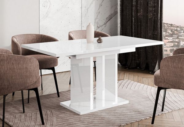 Home Collective Esstisch ausziehbar Tisch Küchentisch Esszimmertisch Ausziehtisch (Esszimmer Küche Wohnzimmer Esstisch erweiterbar), modernes Design Doppel-Säulengestell 120-160x80 cm Weiß glänzend