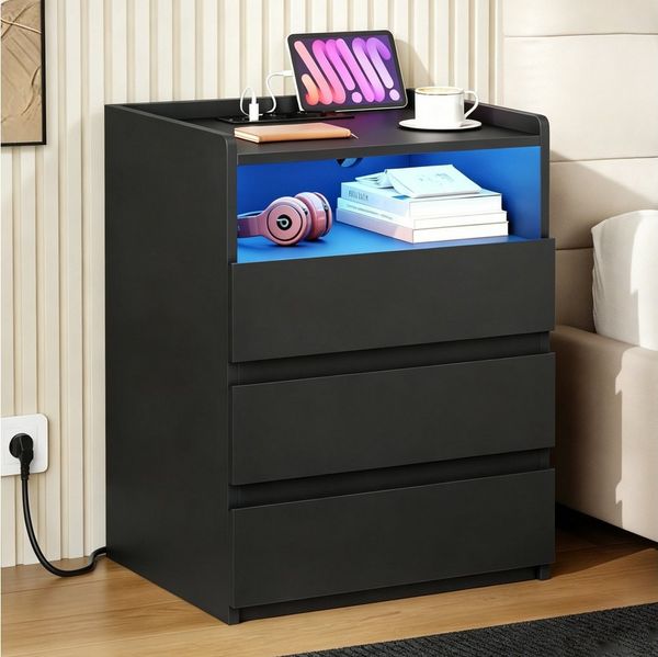 MSMASK Nachttisch mit 3 Schubladen, Steckdosenleiste und LED-Beleuchtung (1-St), Nachtschrank, Beistelltisch, 40 x 35 x 60 cm