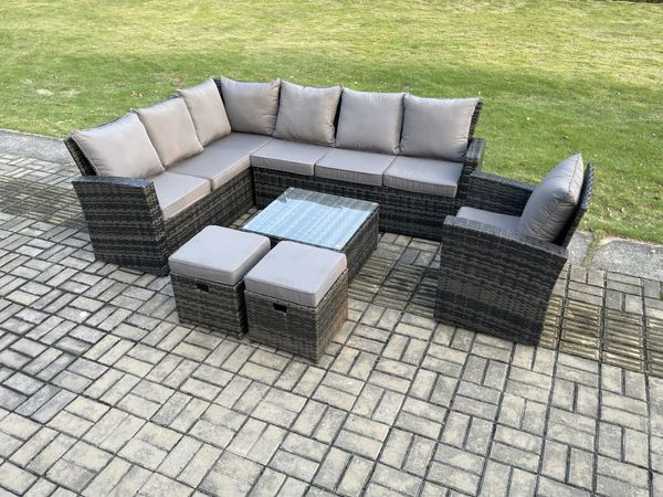Fimous 9 Sitzer Gartenlounge Set Rattan Ecksofa Set mit Quadratischer Couchtisch 2 kleine Fußhockern Dunkelgrau gemischt