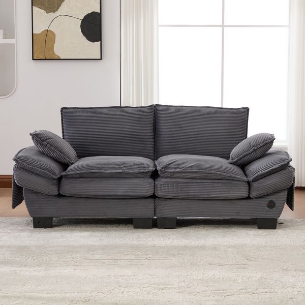 Sofa 2-Sitzer 190x73x84 cm mit breiter Sitzfläche aus Corduroy in Dunkelgrau, USB-C und Seitentaschen