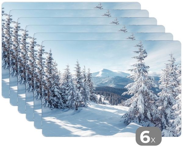 MuchoWow Platzset Winterlandschaft - Natur - Berge - Bäume - Schnee, (6-St), Platzsets, Tischset, Abwaschbar, Tischsets, Platzdeckchen