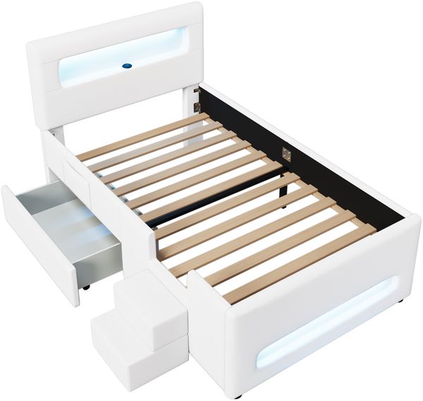Merax Polsterbett Einzelbett 90x200cm mit Led, Kinderbett mit Schublade und zweistufiger Treppe, Kinderbett mit Rausfallschutz, PU, Weiß Bild 8