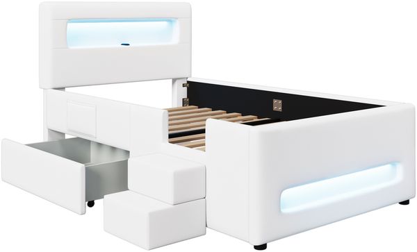 Merax Polsterbett Einzelbett 90x200cm mit Led, Kinderbett mit Schublade und zweistufiger Treppe, Kinderbett mit Rausfallschutz, PU, Weiß Bild 10