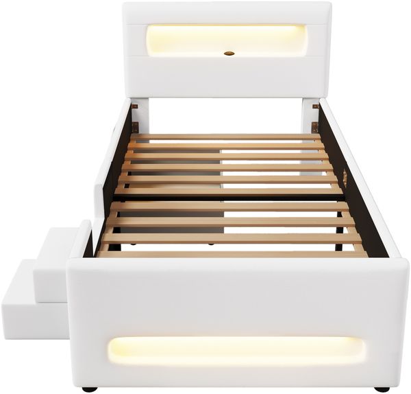 Merax Polsterbett Einzelbett 90x200cm mit Led, Kinderbett mit Schublade und zweistufiger Treppe, Kinderbett mit Rausfallschutz, PU, Weiß Bild 9