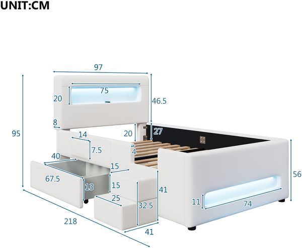 Merax Polsterbett Einzelbett 90x200cm mit Led, Kinderbett mit Schublade und zweistufiger Treppe, Kinderbett mit Rausfallschutz, PU, Weiß Bild 4
