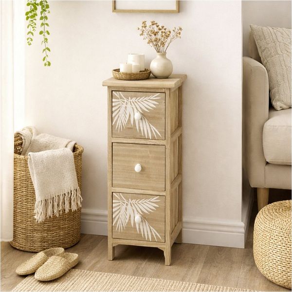 HTI-Living Kommode Kommode Melia schmal 3 Schubladen Palmen-Design Artisaneiche-Weiß (Stück, 1 St, 1 Kommode)