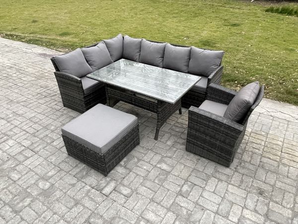 Fimous 8 Sitzer Outdoor Rattan Gartenmöbel-Set mit Rechteckiger Esstisch Großer Fußhocker Sesseln Dunkelgrau gemischt