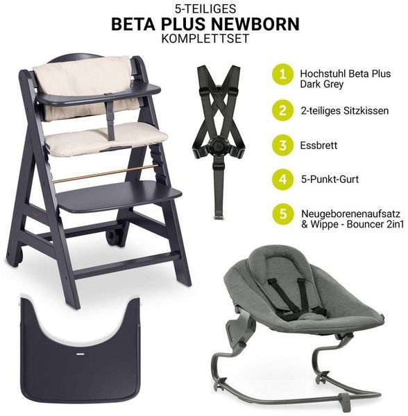 Hauck Hochstuhl Beta Plus Dark Grey - Newborn Set, Babystuhl ab Geburt inkl. Aufsatz für Neugeborene, Tisch, Sitzauflage