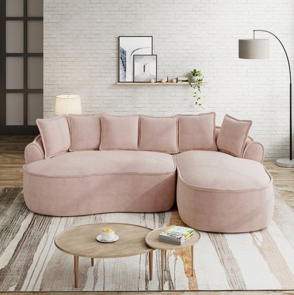 Sofa 67cm×252cm×164cm in L-Form mit Chaiselongue, Sitztiefe ca. 122 cm – rahmenloses Modulsofa aus Chenille in Rosa