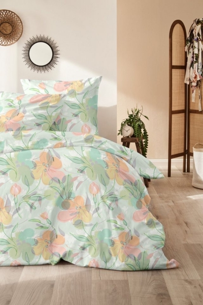 Primera Feinbiber Bettwäsche 135x200 Blumen Aquarell grün gelb lachs 173098-52