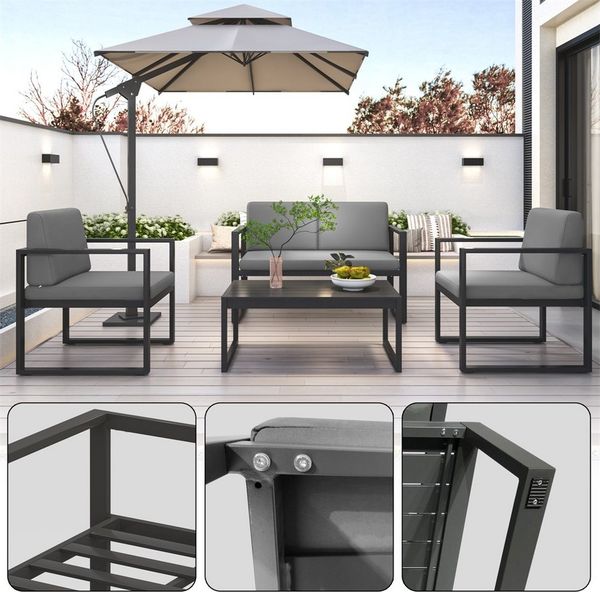 Mucola Gartenlounge-Set Sitzgruppe Aluminium Gartenset wetterfest Essgruppe Grau Lounge, (Set, 4-tlg, Möbelset bestehend aus 2er Sitzer Sofa, 2 Sessel und Beistelltisch), wasserabweisende Kissen mit Bändern zum Befestigen am Sessel