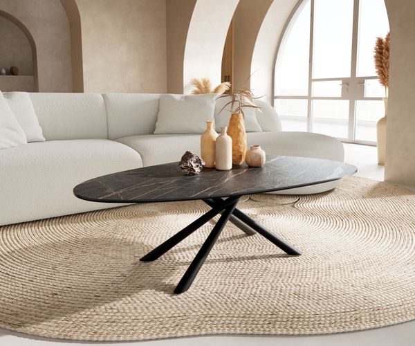 Couchtisch Edge Oval 140x75 cm Keramik Laminam® Noir Desir Braun Sarity Metall Schwarz