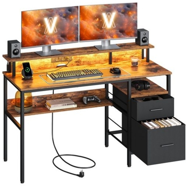 Vasagle Schreibtisch mit Schubladen, Computertisch mit Monitorständer, LED-Beleuchtung, 55 x 135 x 90 cm, eingebaute Steckdosen, 2 USB-Anschlüsse, für Homeoffice, vintagebraun LWDDE094K02