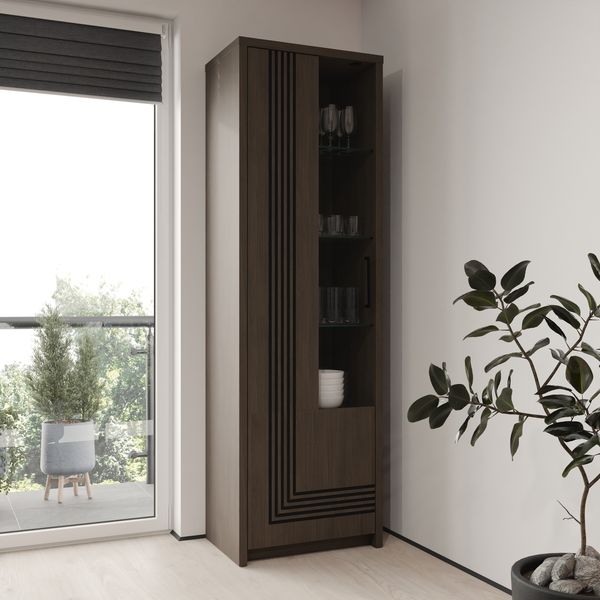Forte EUFEMIUS Vitrine 60 65, moderner Vitrinenschrank mit dekorativer Fräsung, 1Tür, Dunkelbraun|Schwarz Eiche Holzdekor, 61,8cm breit x 198,3 cm hoch x 41,6 cm tief