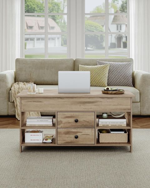 Couchtisch, höhenverstellbarer Wohnzimmertisch, Sofatisch, 2 Schubladen und Versteckter Stauraum, 50 x 100 x 47,3-61,3 cm, für Wohnzimmer, Esszimmer, Büro, Kamelbraun-Schwarz