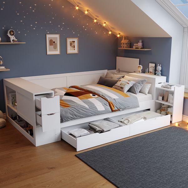Holzbett, Kinderbett, Stauraumbett 140x200 cm, Daybed,Multifunktionales Stauraumbett mit Schubladen, Regalen und Stauschränken, mit Nachttischen, für Jugendliche geeignet, ohne Matratze, weiß