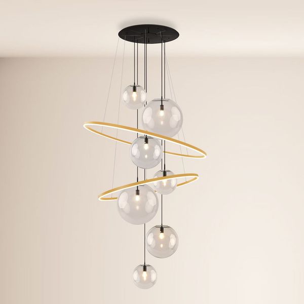 s.luce Galaxy XXL LED Galerielampe 8-flammig Ringleuchte Glaskugeln Gold, Klar