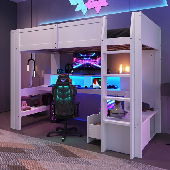 Hochbett 90x200 cm mit Schreibtisch, Regalen, Schublade und LED-Beleuchtung in Weiß