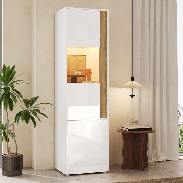 Flieks Hochschrank Vitrine mit LED-Beleuchtung und Acryltüren (1-St, B50 x T40 x H179 cm) Mehrzweckschrank Wohnzimmerschrank mit 4 Fächer Holzoptik/Weiß