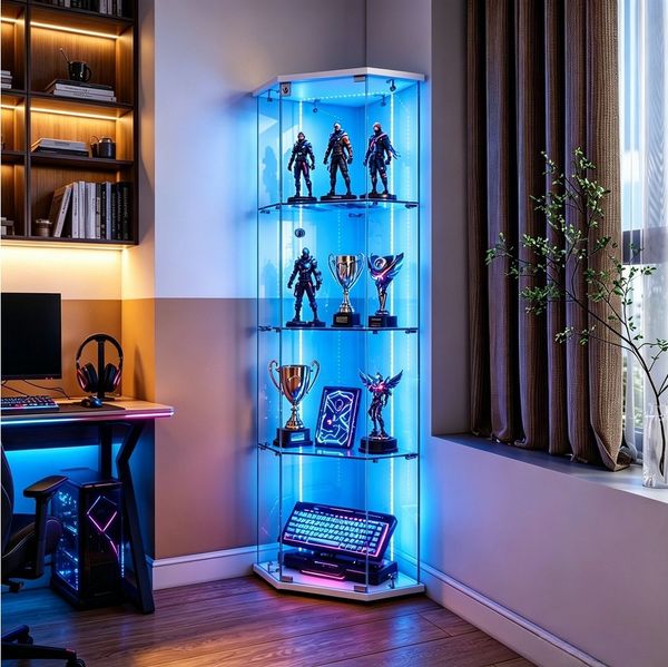 Simurq Glasvitrine Eckvitrine 162cm LED Sammlervitrine,4 Lagen Eck-Glasvitrine Stehend (Packung, Sammlervitrine Schauvitrine mit 1 türen und Schloss, Gehärtetes Glas) LED-Streifenbeleuchtung, Mit Schloss,Fünfeckiges Design,Einzeltür