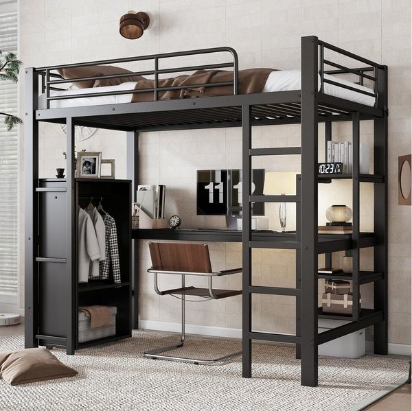Flieks Hochbett Metallbett Kinderbett 90x200cm mit Tisch, Regal und Kleiderschrank