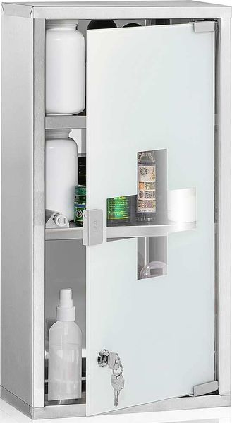 BAKAJI Medizinschrank Wandschrank Erste Hilfe aus Edelstahl und satiniertem Glas Farbe Silber mit doppeltem Sicherheitsschlüssel mit Magnetverschluss (60 x 30 x 12 cm)