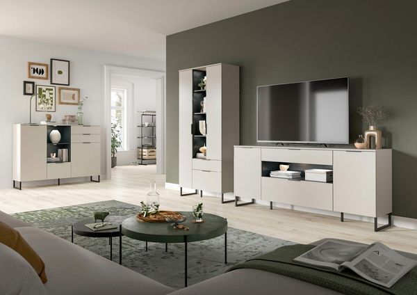 Home affaire Wohnwand ADIO, Breite 290 cm, 2-teiliges Set, mit Metall-Kufenfüße, (Set, 4-St, bestehend aus: Mehrzweckschrank und Sideboard), Sideboard inkl Beleuchtung, Kombination, Anbauwand, Set, Wohnzimmerset