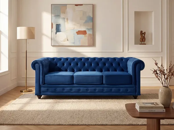 Vente-unique - Sofa 3-Sitzer - Samt - Dunkelblau - CHESTERFIELD