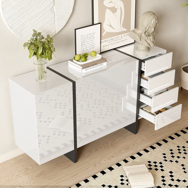 BlingBin Sideboard Hochglanz-Anrichte, Buffetschrank Beistellschrank Komodenschrank (Schlichter Aufbewahrungsschrank mit 3 Türen und 4 Schubladen, leicht zu reinigen, 1 St, Gesamtabmessungen: 150 x 40 x 80,5 cm, Produktladung: 60kg), Kommode für Wohnzim...