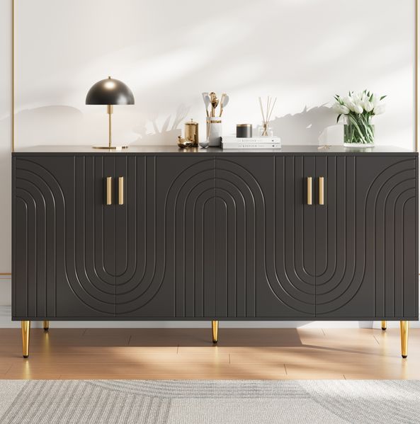 Sideboard Schwarz, 152x40x75 cm mit Wellendesign & goldenen Akzenten