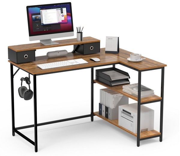 Mondeer Eckschreibtisch L-Förmiger Computertisch, mit 2 Regalen links oder rechts, mit Monitorhalterung, 120x88.5x90 cm Bild 2