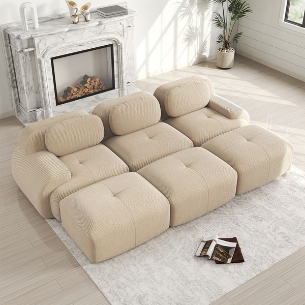Flieks Modulares Cord Sofa 3-Sitzer mit 3x Hocker, Cloud Sofa rahmenlos, bodennah mit tiefer Sitzfläche, auch als Schlafsofa nutzbar, Beige