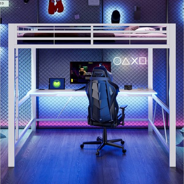 Merax Hochbett mit LED-Beleuchtung & USB-Ladestation (Jugendbett Einzelbett Mehrzweckbett, 1-St) Metallbett Kinderbett 160x200cm mit Schreibtisch Leiter & Schutzgitter