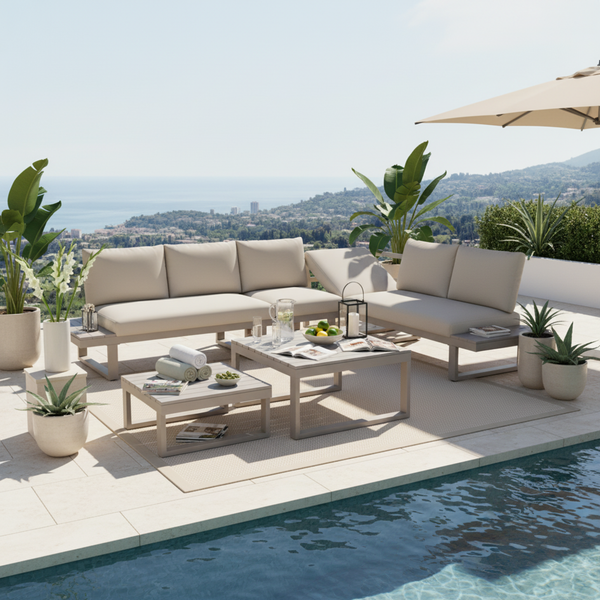 Merax Gartenlounge-Set 6 Teilig, Balkonmöbelset mit 2 Gartentisch für 6 Personen, Gartensofa mit Ecksofa & Stuhl, Couchtisch Kunststoffplatte, Beige + Khaki