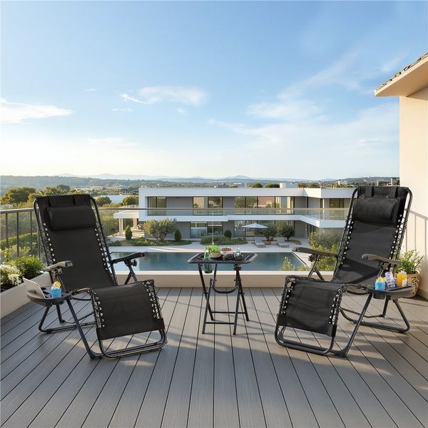 Yaheetech Gartenliege 3 Stk. Gartenmöbel-Set aus Zero-Gravity-Liegestuhl & Klapptisch, 2 × Gartenliege, 1 × Klapptisch, Relaxliege Klappbar & Tragbar mit Auflage & Becherhalter & Kopfkissen